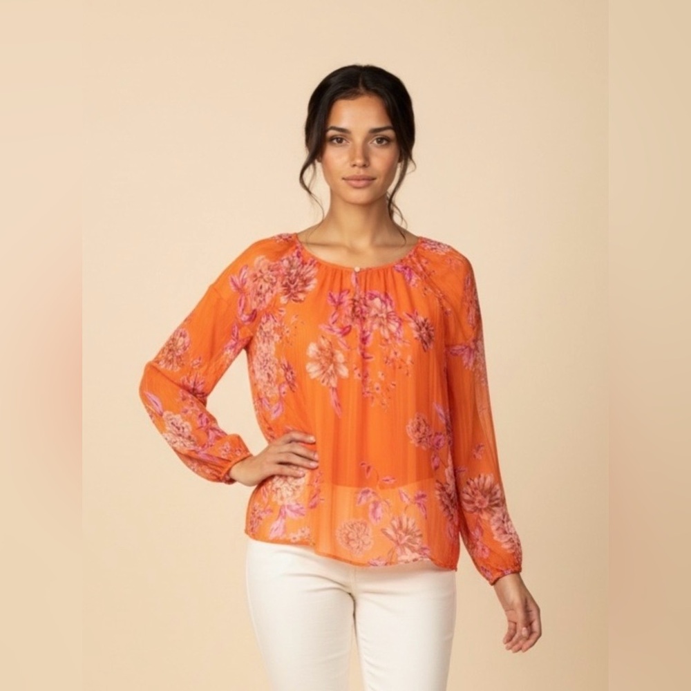 Vince Camuto Rio Gardens Printed Keyhole Peasant Orange Floral Blouse XS